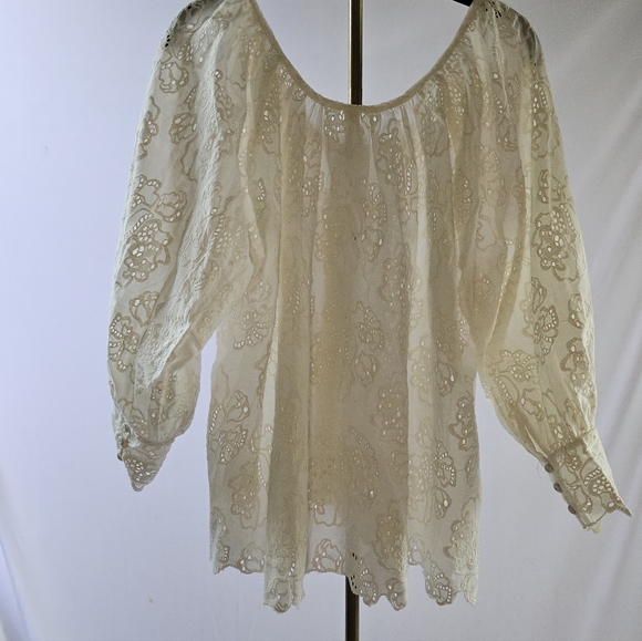 MIRTH Ivory Sheer Floral Embroidered Button Front Peasant Blouse - Picture 2 of 9
